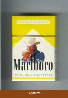 Marlboro with cowboy with cigarette white and yellow cigarettes hard box