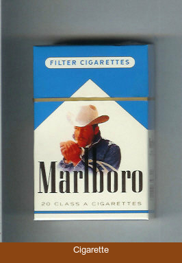Marlboro with cowboy with cigarette white and blue cigarettes hard box